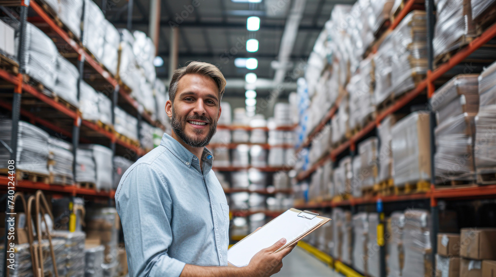 A smiling male manager holding a clipboard stands confidently in a busy warehouse. A smiling male manager holding a clipboard stands confidently in a busy warehouse.