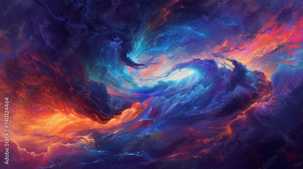 abstract painting capturing the essence of a fantasy battle, with explosive colors representing different elements and magic. abstract painting capturing the essence of a fantasy battle, with explosive colors representing different elements and magic.