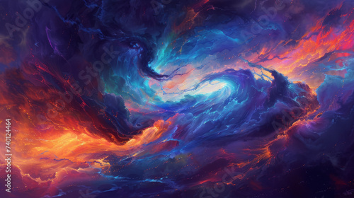 abstract painting capturing the essence of a fantasy battle, with explosive colors representing different elements and magic. 