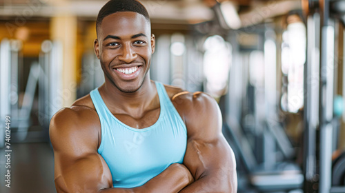 Fitness, gym and happy portrait of personal trainer man ready for workout coaching. Training, wellness and exercise coach confident with arms crossed at professional athlete health club.