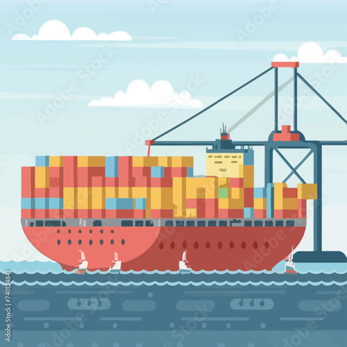 2d vector illustration colorful Land and sea transport techniques, methods and technological tools for transporting and shipping goods and products and logistic 
