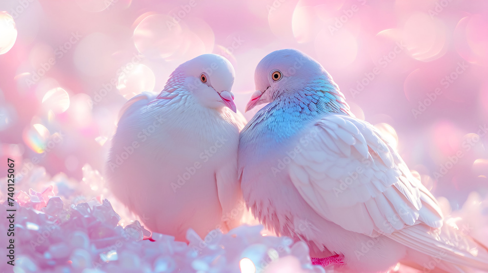 Beautiful romantic two pigeons birds are sitting together and kissing against pastel pink background. Fantastic surreal photo in pastel colors.