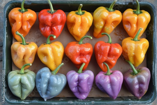A collection of vibrant peppers sits atop a metal pan, creating a colorful and eye-catching display. The peppers are various sizes and colors, including red, yellow, green, and orange