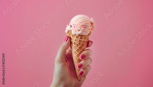 hang holding ice cream cone in front of light pink background. ice cream cone. hand holding gelato. hand posing with gelato in front of simple background