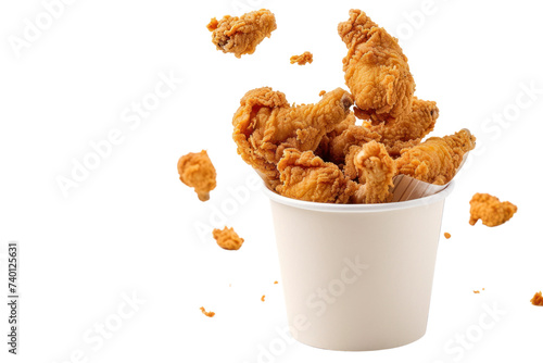 Fried popcorn chicken falling into the air isolated on white transparent background