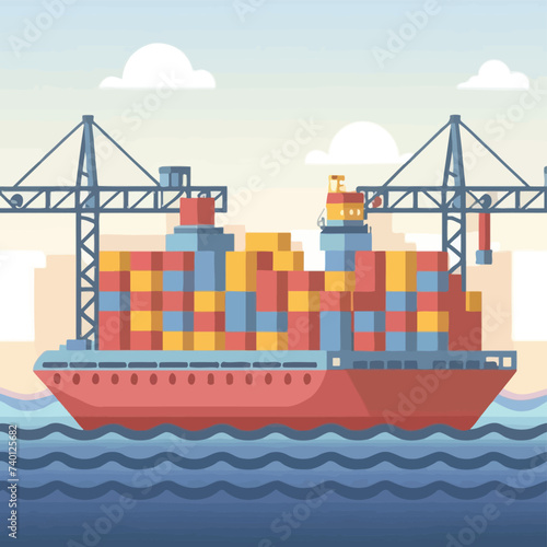 2d vector illustration colorful Land and sea transport techniques, methods and technological tools for transporting and shipping goods and products and logistic 
