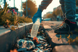 Enfant qui ramasse des déchets comme une bouteille en plastique vide dans la rue pour rendre propre sa ville dans une démarche éco-responsable