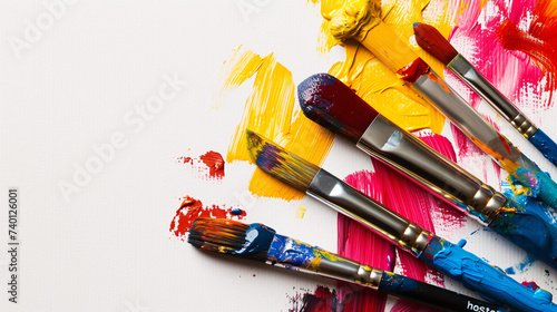 An arrangement of colorful paintbrushes dipped in various hues of paint on a pristine white surface