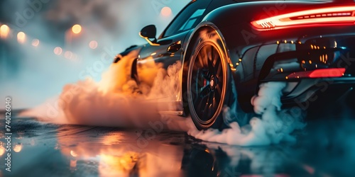Black sports car drifting with smoking tires in dramatic closeup shot. Concept Sports Car Drifting, Dramatic Closeup, Smoking Tires, Black, Action Shot photo