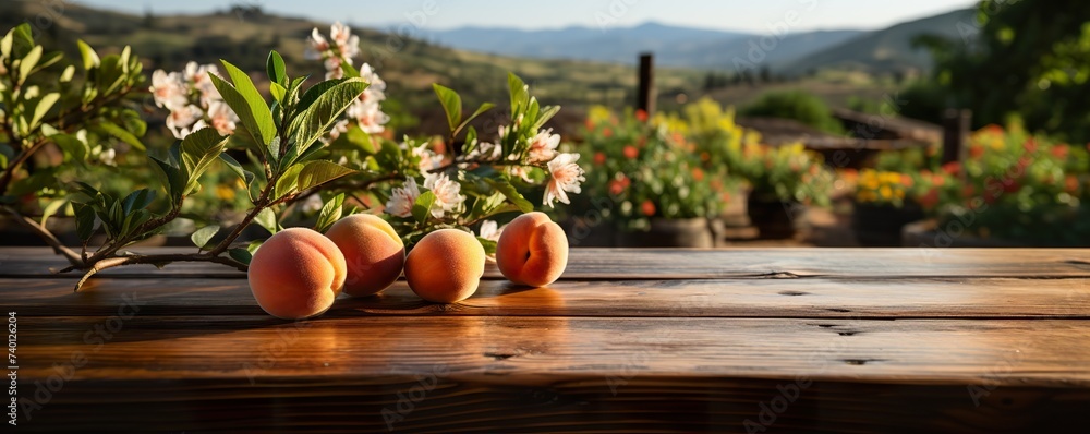 Empty rustic old wooden boards table copy space with peach trees orchard in background. Some ripe fruits on desk. Product display template - obrazy, fototapety, plakaty 
