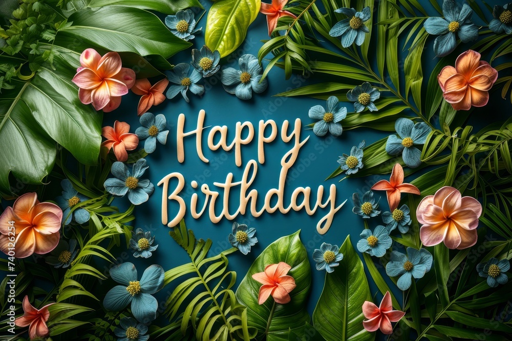 A colorful happy birthday card adorned with vibrant flowers and lush leaves, spreading joy and celebrating a special day in a whimsical way