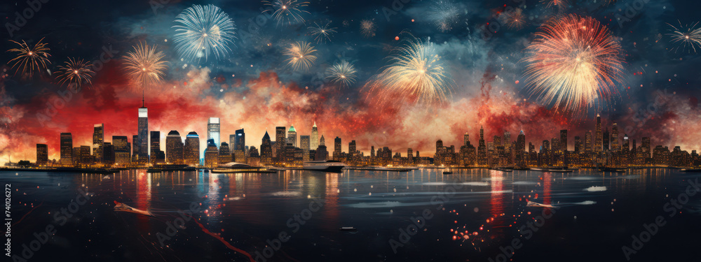 Obraz premium Nightly Celebration: Skyscraper Spectacle with Colorful Fireworks over Manhattan River