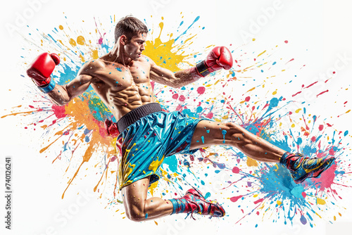 Boxer in action on a grunge background. Illustration of a boxer in action with colorful splash background. Portrait of an athletic male boxer with boxing gloves. 