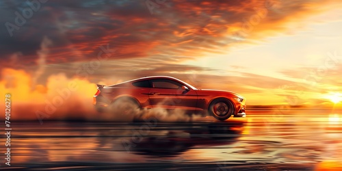 Car skidding in dramatic drift under orange sunset sky backdrop. Concept Car drifting under sunset sky, Dramatic skidding maneuver, Orange sunset backdrop, Exciting car stunt, High-speed drifts photo