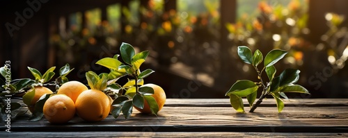 Empty rustic old wooden boards table copy space with orange citrus trees in background