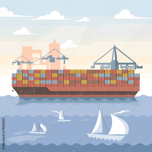 2d vector illustration colorful Land and sea transport techniques, methods and technological tools for transporting and shipping goods and products and logistic 
