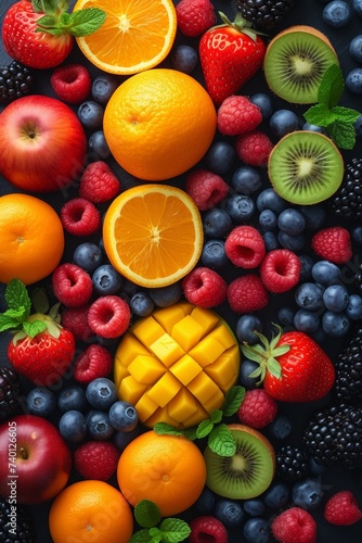 An assortment of fresh, organic fruits - orange, kiwi, strawberry - offers sweet, healthy nutrition and vibrant colors.