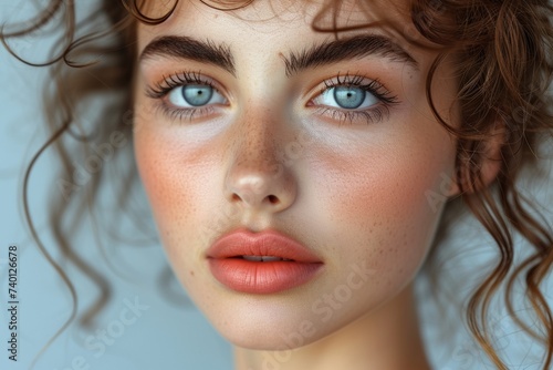 In a stylish portrait, a young woman showcases impeccable makeup, accentuating her beauty and elegance.
