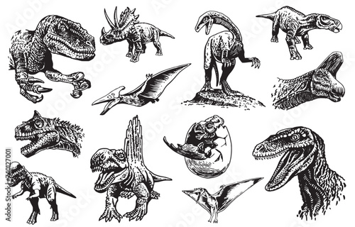 Graphical big set of dinosaurs on white background,vector illustration for typography and design.