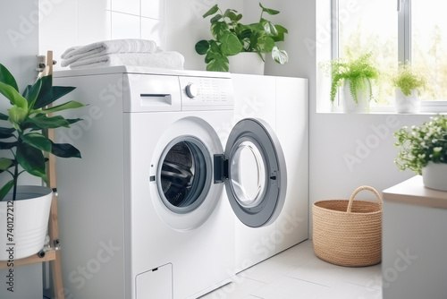 Interior of bathroom with washing machine and green plants. photo