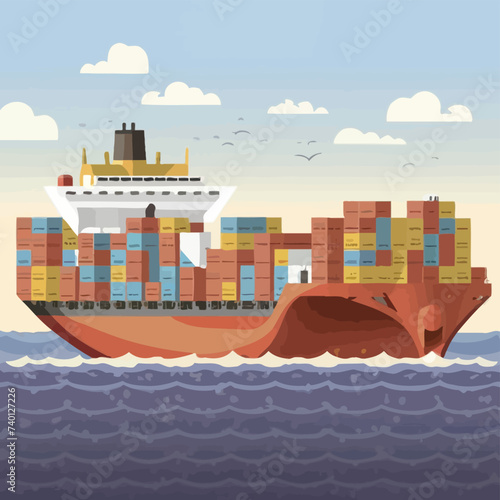 2d vector illustration colorful Land and sea transport techniques, methods and technological tools for transporting and shipping goods and products and logistic 
