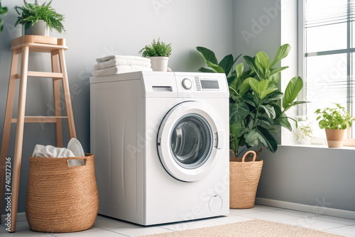 Interior of bathroom with washing machine and green plants.