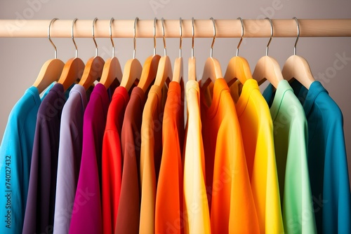 Rainbowcolored clothes on wooden hangers. Concept Fashion, Rainbow Colors, Clothing, Wardrobe Organization, Home Decor