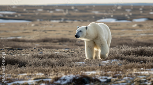 Polar bear wandering the tundra in search of food photo