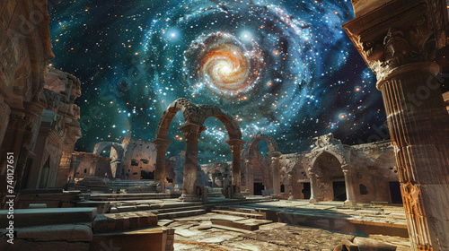 Digital art of a magical underworld within the Persian Empire galaxies swirling above ancient ruins