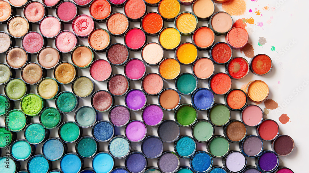 Artistic makeup palettes, a burst of vibrant colors, are arranged in a visually pleasing manner against the pristine white background Artistic makeup palettes, a burst of vibrant colors, are arranged in a visually pleasing manner against the pristine white background