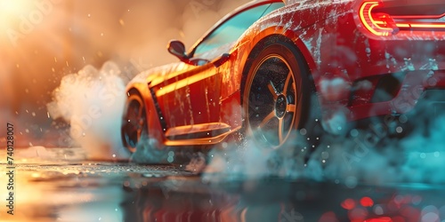 A sleek sports car expertly sliding around a tight corner kicking up smoke. Concept Sports Car, Drifting, Speed, Smoke, Power photo