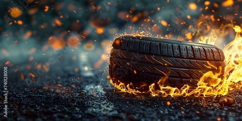A fiery tire blazes on a dark road in a racing scene. Concept Racing, Fiery Tire, Dark Road, Action Shot, Intense Scene