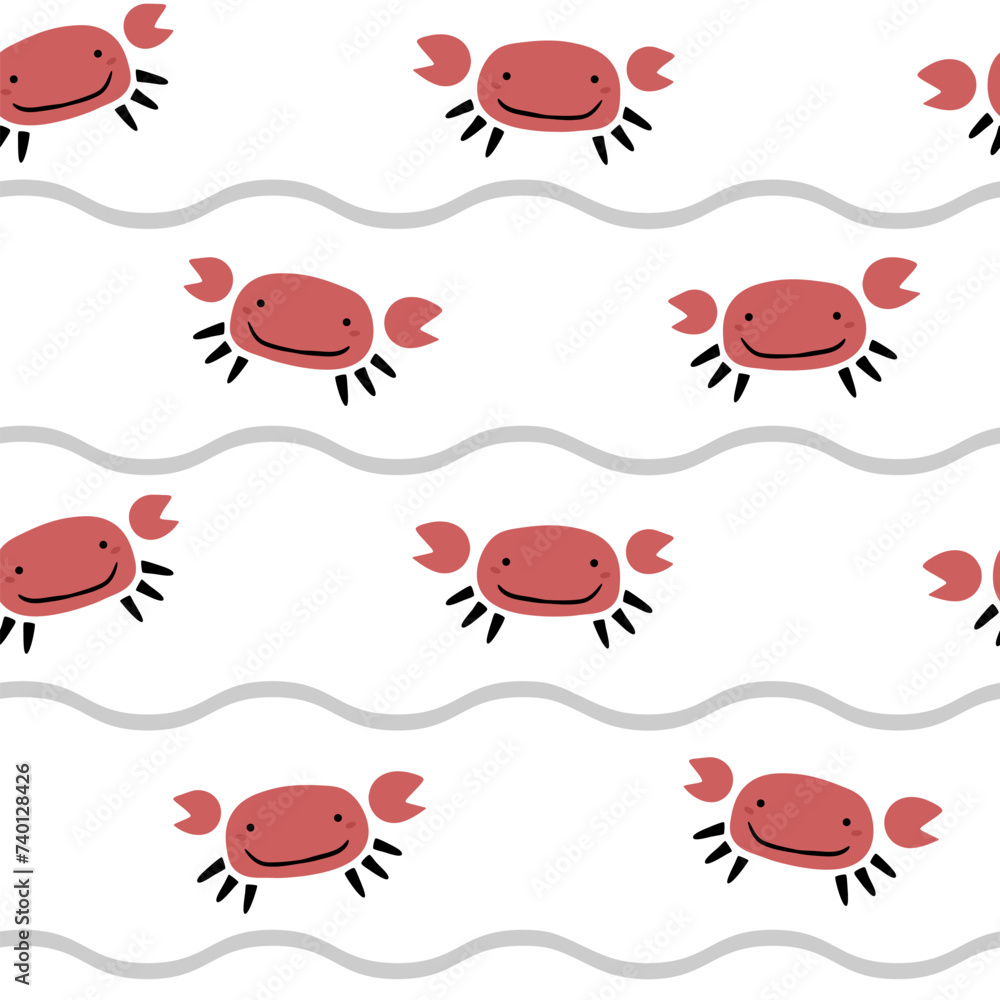 Funny cartoon crabs with wave, seamless summer pattern