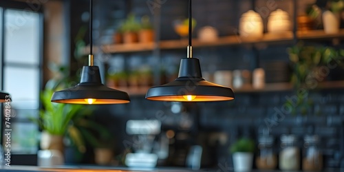 Modern kitchen with hanging pendant lights illuminating the stylish interior decor. Concept Kitchen Renovation, Pendant Lighting, Interior Decor, Modern Design © Ян Заболотний