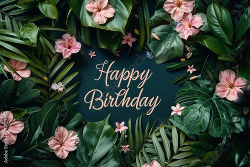 A vibrant happy birthday card is placed amidst a backdrop of tropical leaves and colorful flowers, creating a cheerful and festive atmosphere © nnattalli