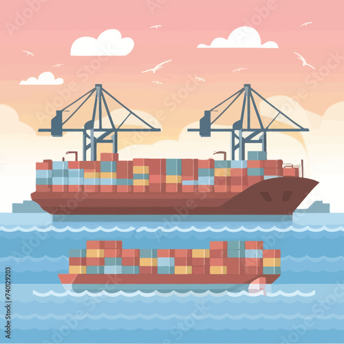 2d vector illustration colorful Land and sea transport techniques, methods and technological tools for transporting and shipping goods and products and logistic 
