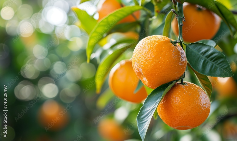 Horizontal photo with fresh oranges or tangerines on a tree. Blurred background, bokeh effect.