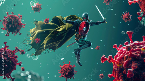 Illustrated action scene Superhero with shield and sword leaps to attack bacteria