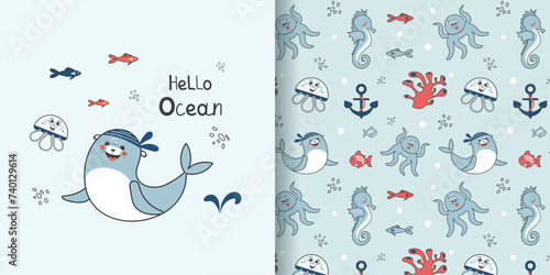 Photography Children's seamless pattern with a funny seal, sea fish, octopus and jellyfish