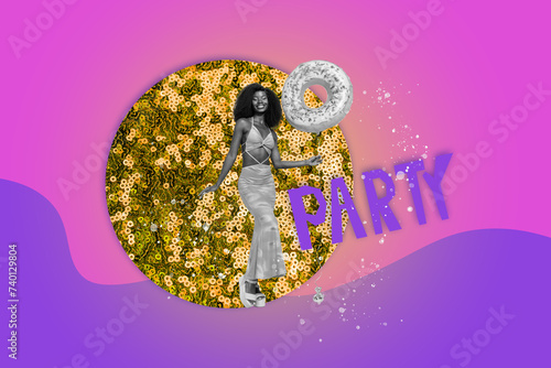 Collage image of happy charming beautiful lady celebrate hen party isolated on drawing purple background