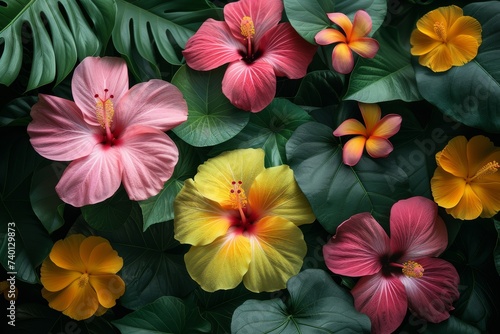 A picturesque scene of a bunch of vibrant hibiscus flowers blossoming in a lush green palm leaves , creating a beautiful contrast of colors in nature