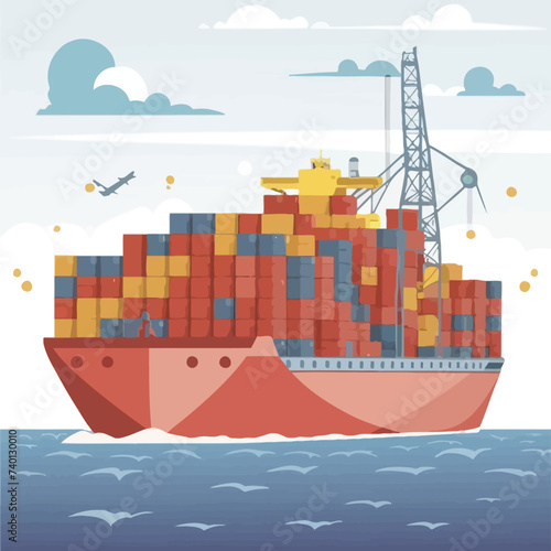 2d vector illustration colorful Land and sea transport techniques, methods and technological tools for transporting and shipping goods and products and logistic 
