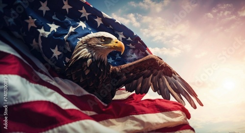  Wavy Grunge American flag with an eagle symbolizing strength and freedom . 4th of July Memorial day background.  photo