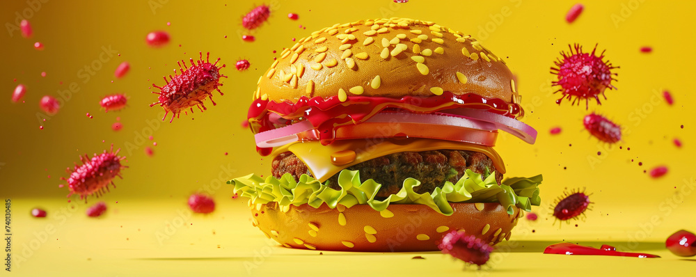 Imaginative 3D render of a hamburger highlighting the unique beneficial bacteria within in a pop art style