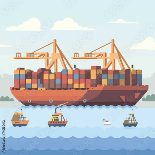 2d vector illustration colorful Land and sea transport techniques, methods and technological tools for transporting and shipping goods and products and logistic 
