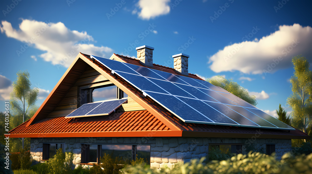 Fototapeta premium Solar panels illuminated by bright sunlight, photovoltaic background