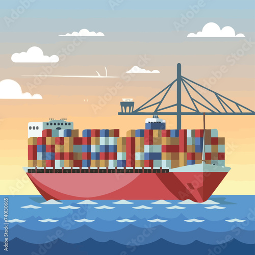 2d vector illustration colorful Land and sea transport techniques, methods and technological tools for transporting and shipping goods and products and logistic 
