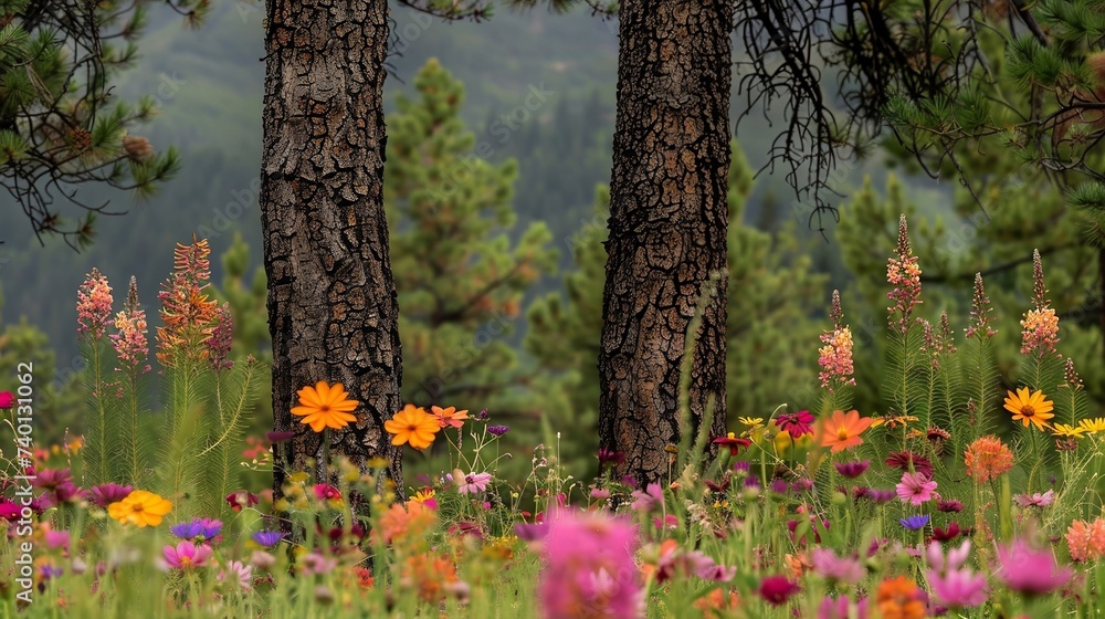 A pine forest on a meadow with colorful flowers
