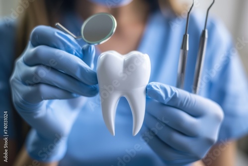 Oral dental hygiene. Healthy white tooth model and dentist mirror instrument in dentist hands and rubber gloves. photo