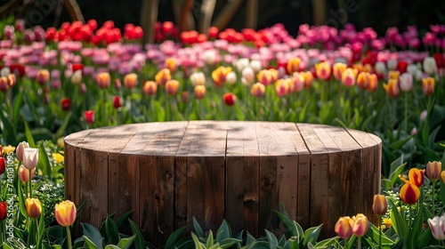 A wooden podium surrounded by tulips